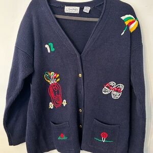 Vintage Jayson Younger Navy Blue Embroidered Golf cardigan Women's Sweater. Miss